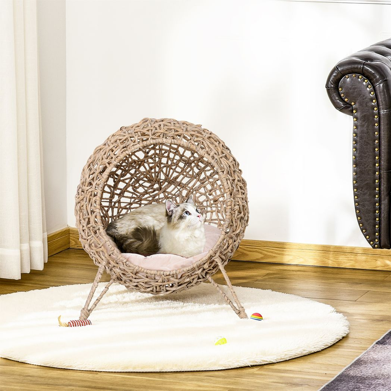 Wicker Cat House, Ball-Shaped Rattan Raised Cat Bed – Natural Wood Finish